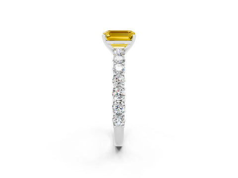 White gold Emerald Cut Yellow Sapphire Solitaire Ring with Shared Prong Pavé Band and Four-Prong Setting_2