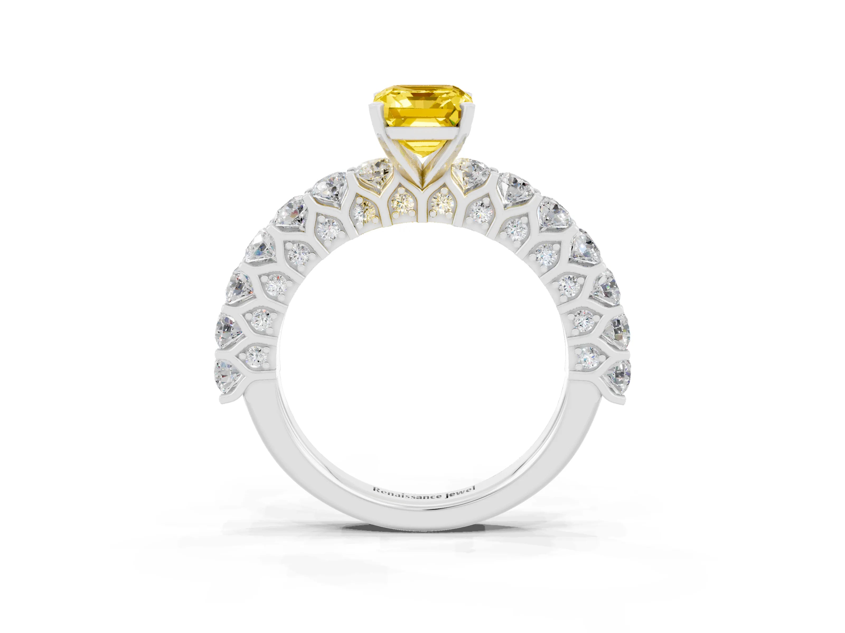 White gold Emerald Cut Yellow Sapphire Solitaire Ring with Shared Prong Pavé Band and Four-Prong Setting_3