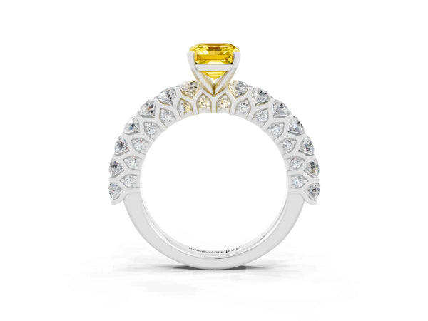 White gold Emerald Cut Yellow Sapphire Solitaire Ring with Shared Prong Pavé Band and Four-Prong Setting