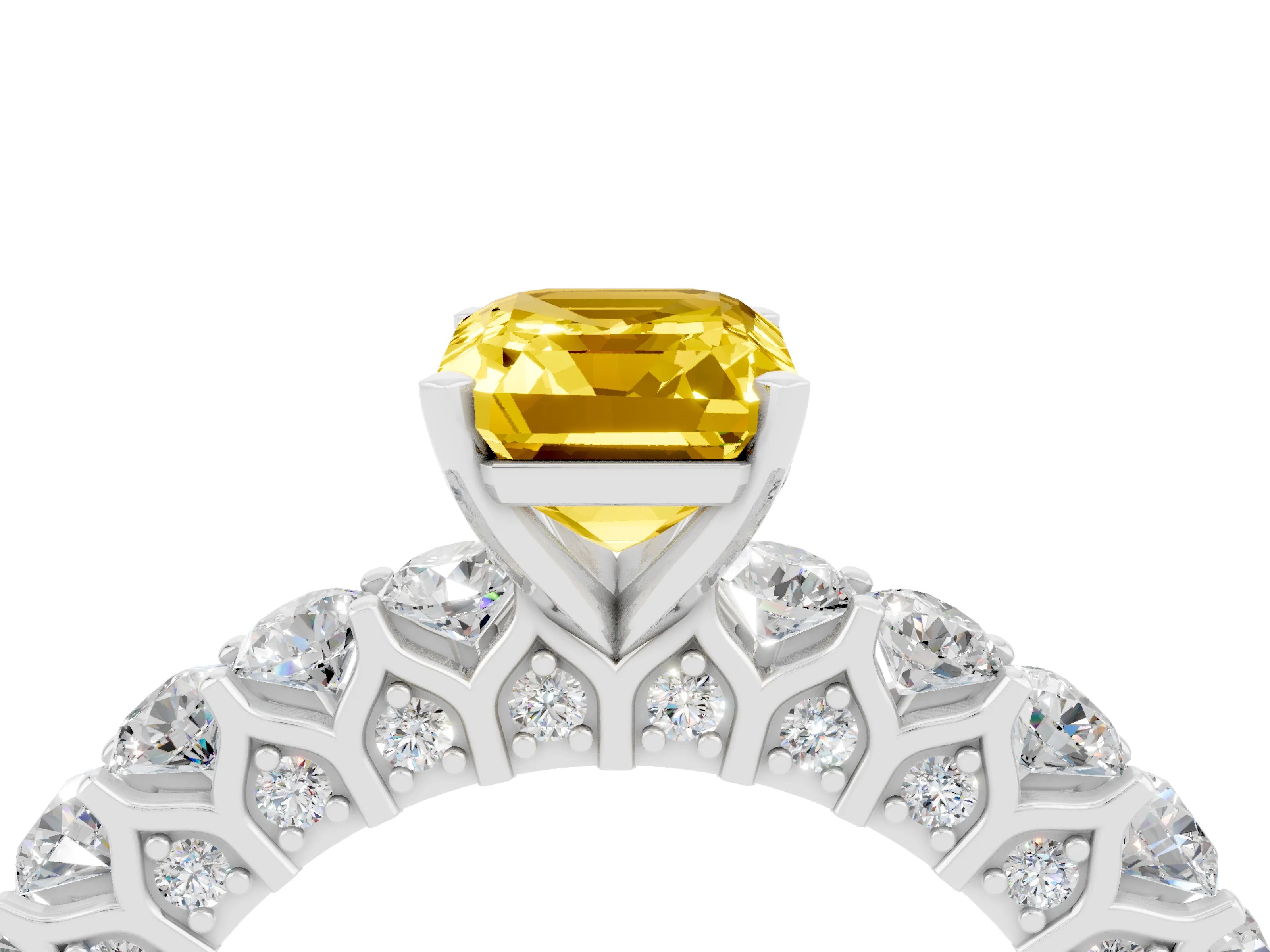 White gold Emerald Cut Yellow Sapphire Solitaire Ring with Shared Prong Pavé Band and Four-Prong Setting_4