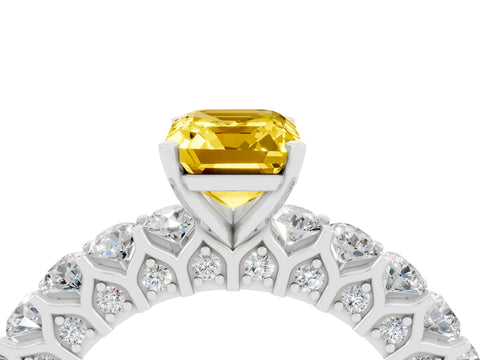 White gold Emerald Cut Yellow Sapphire Solitaire Ring with Shared Prong Pavé Band and Four-Prong Setting_4