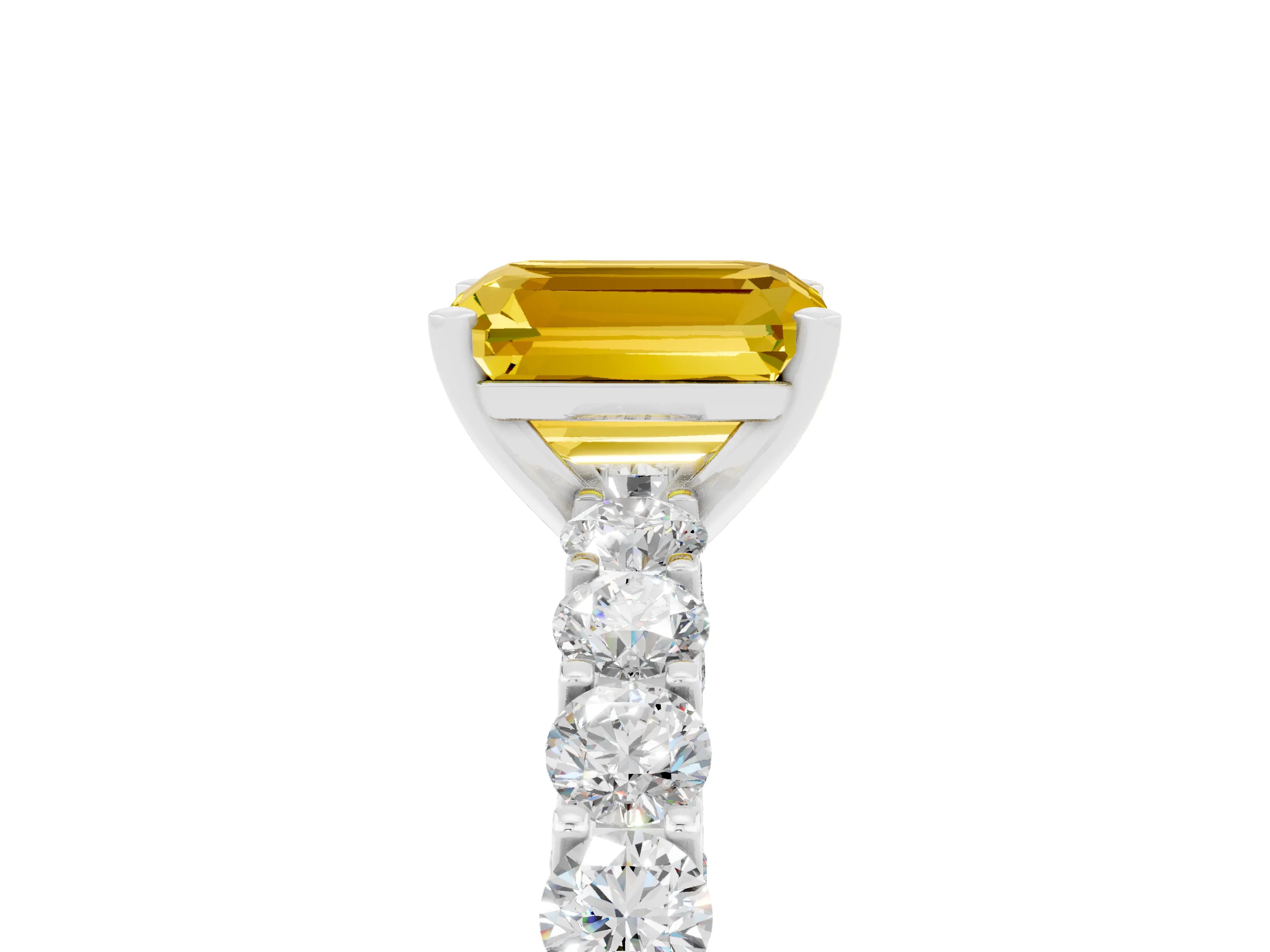 White gold Emerald Cut Yellow Sapphire Solitaire Ring with Shared Prong Pavé Band and Four-Prong Setting_5
