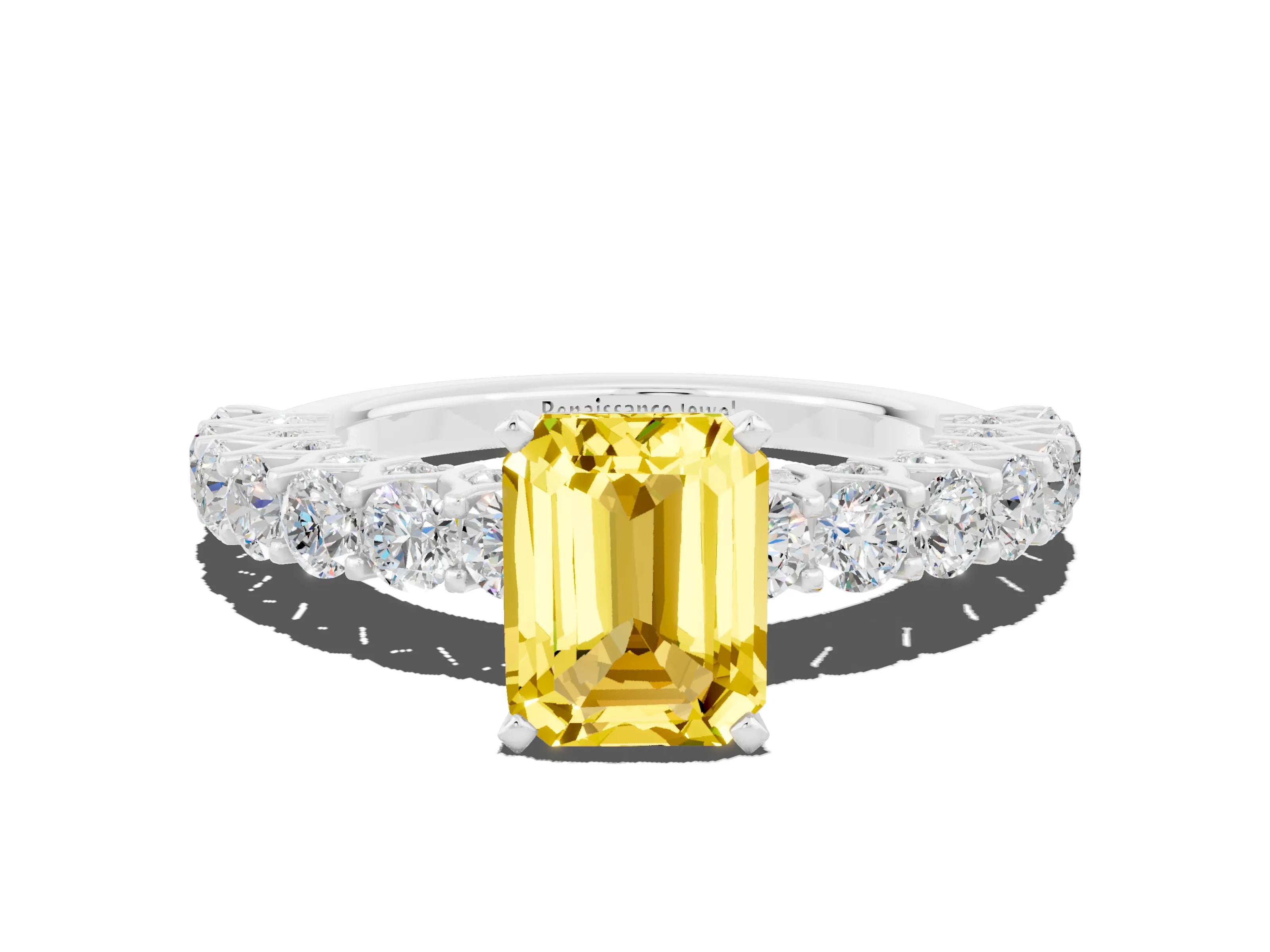White gold Emerald Cut Yellow Sapphire Solitaire Ring with Shared Prong Pavé Band and Four-Prong Setting