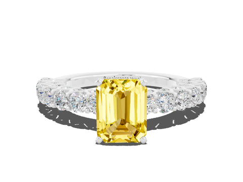 White gold Emerald Cut Yellow Sapphire Solitaire Ring with Shared Prong Pavé Band and Four-Prong Setting