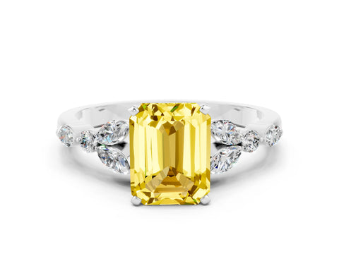 White gold Emerald Cut Yellow Sapphire Solitaire Ring with Side Stones and Four-Prong Setting_24