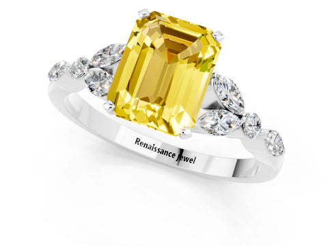 White gold Emerald Cut Yellow Sapphire Solitaire Ring with Side Stones and Four-Prong Setting_25