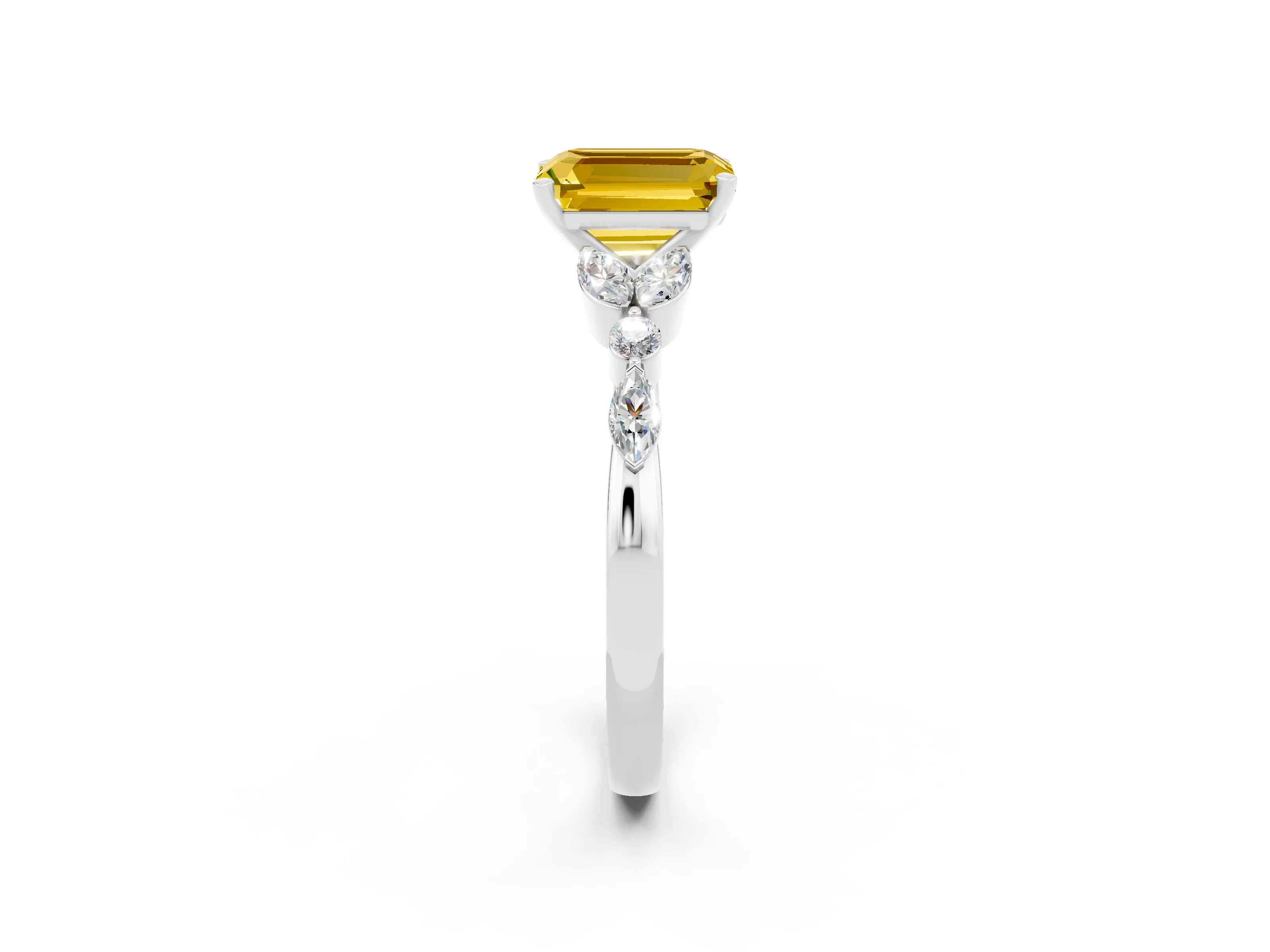 White gold Emerald Cut Yellow Sapphire Solitaire Ring with Side Stones and Four-Prong Setting_26
