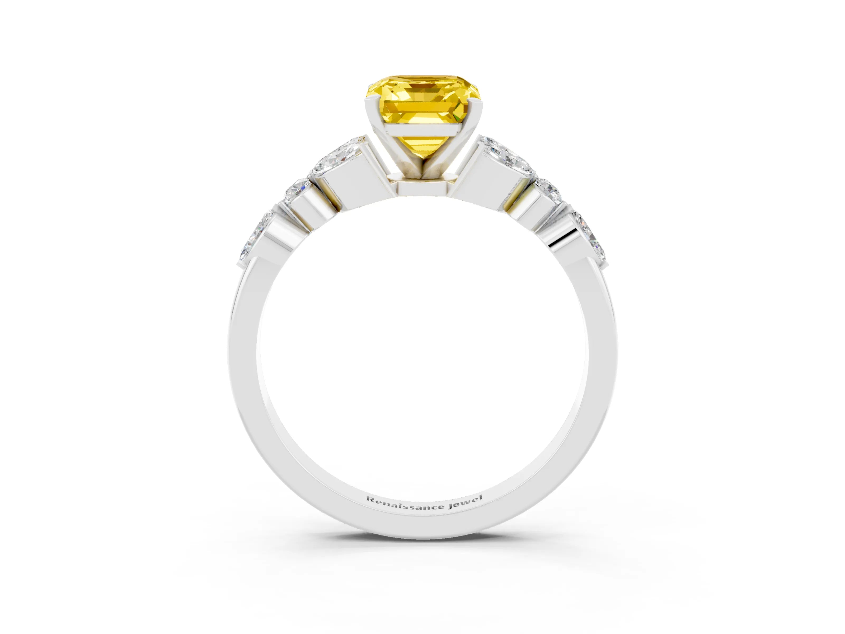 White gold Emerald Cut Yellow Sapphire Solitaire Ring with Side Stones and Four-Prong Setting_27