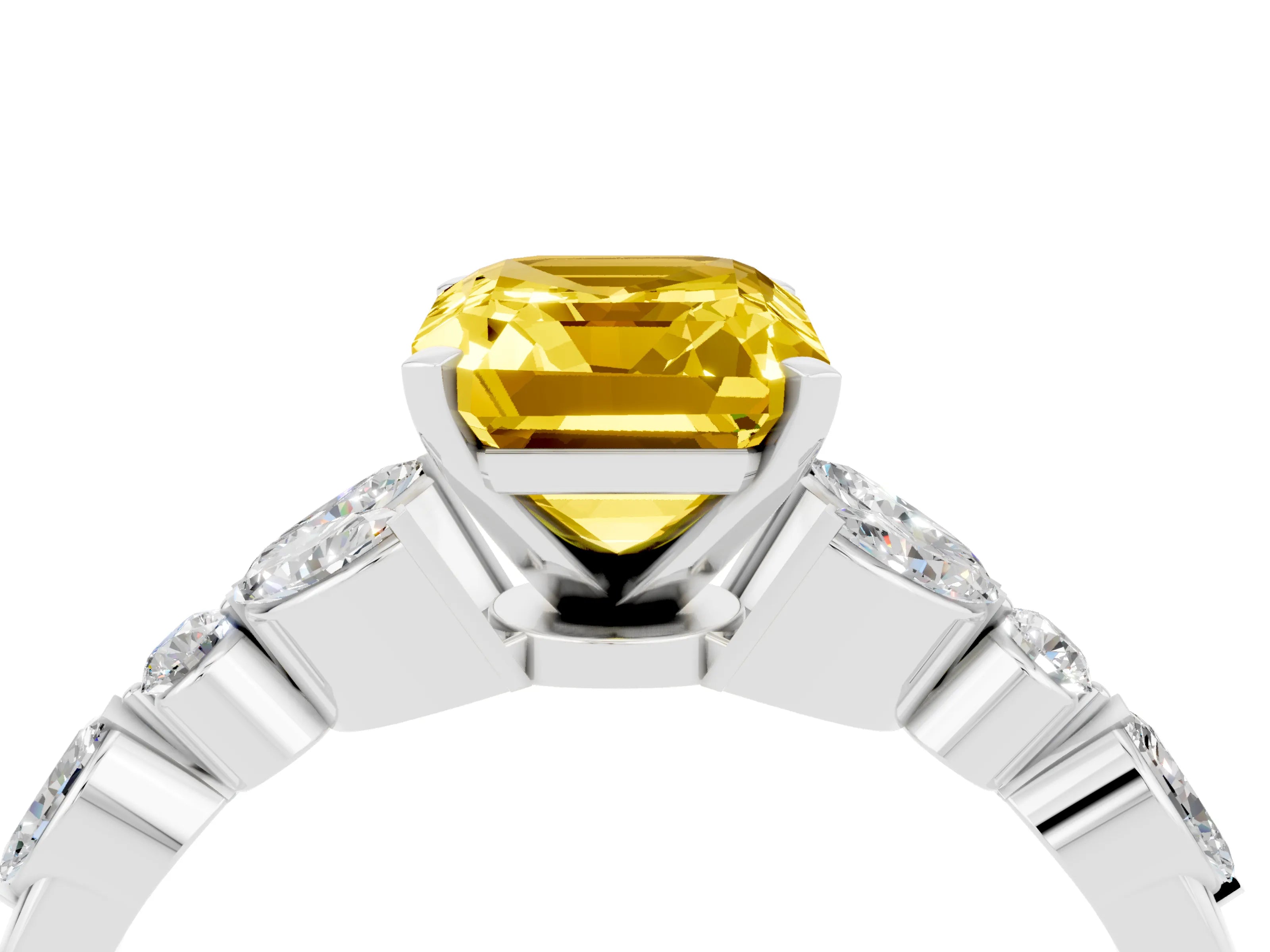 White gold Emerald Cut Yellow Sapphire Solitaire Ring with Side Stones and Four-Prong Setting_28