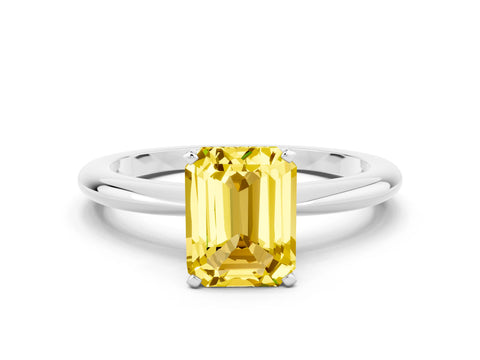 White gold Emerald Cut Yellow Sapphire Solitaire Ring with Six-Prong Setting and Classic Band_12