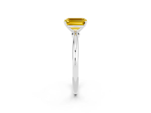 Silver Emerald Cut Yellow Sapphire Solitaire Ring with Six-Prong Setting and Classic Band