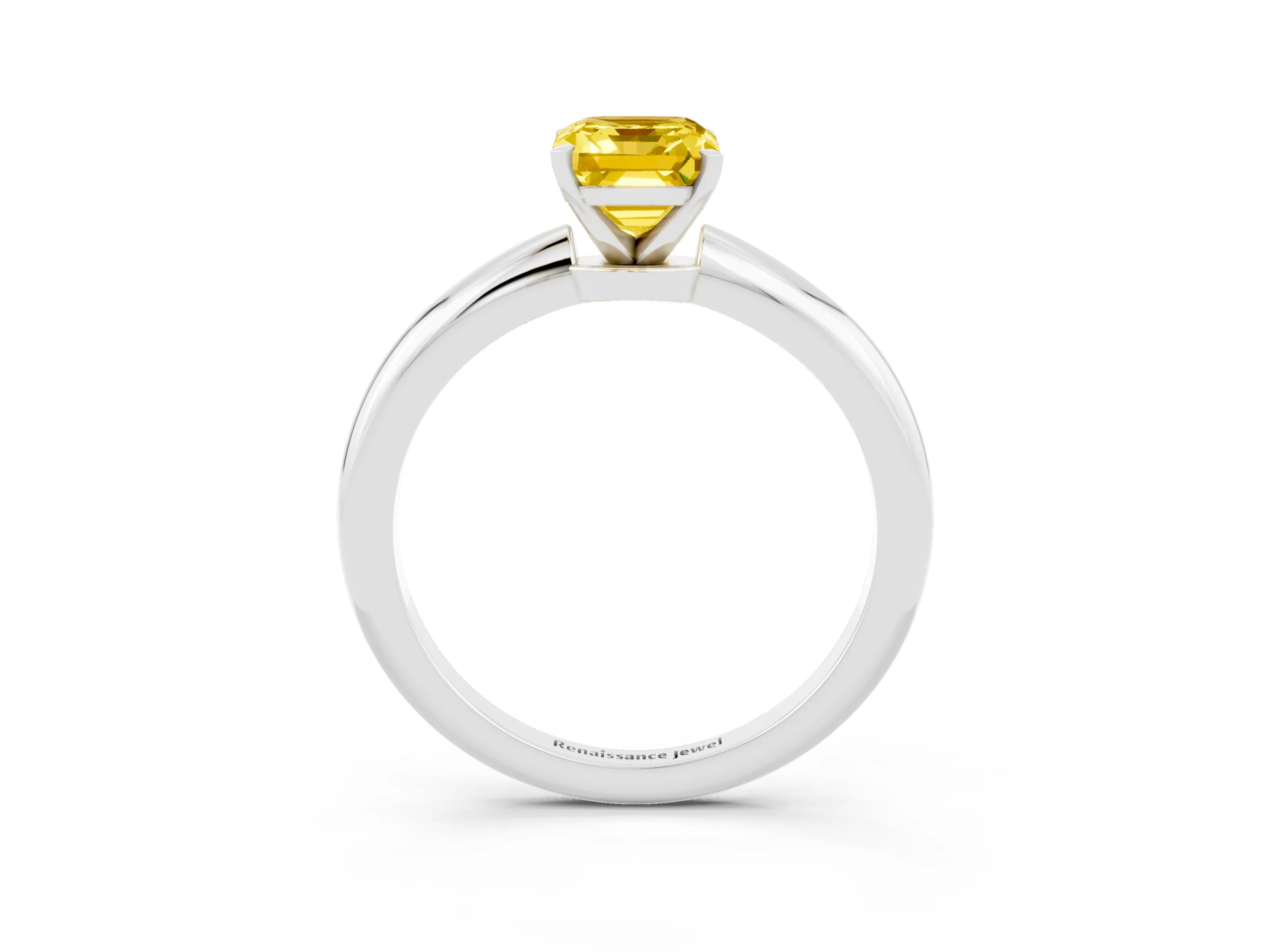 White gold Emerald Cut Yellow Sapphire Solitaire Ring with Six-Prong Setting and Classic Band_15