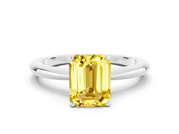 White gold Emerald Cut Yellow Sapphire Solitaire Ring with Six-Prong Setting and Classic Band