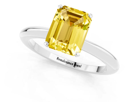 White gold Emerald Cut Yellow Sapphire Solitaire Ring with Six-Prong Setting and Classic Band_25