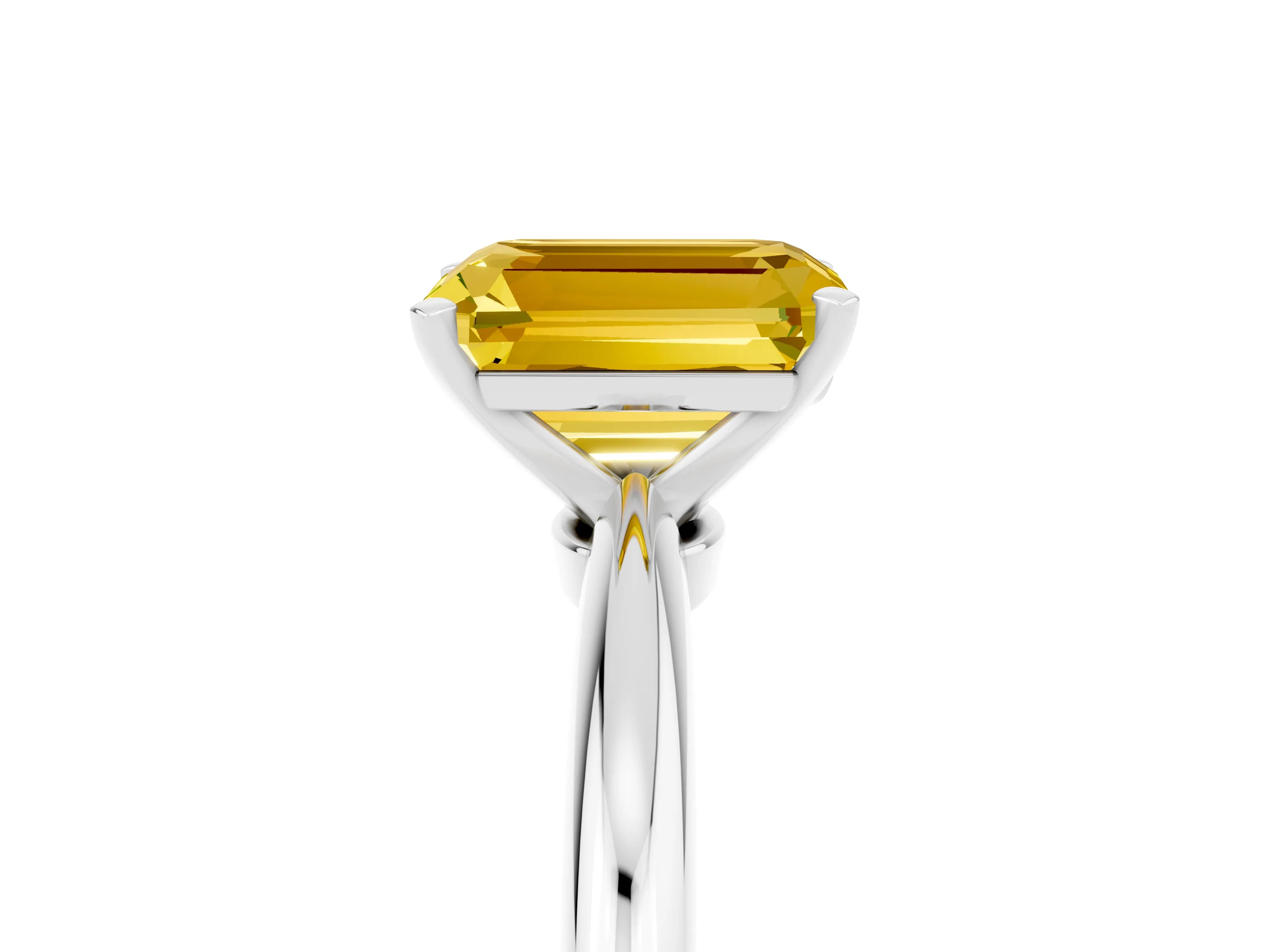 White gold Emerald Cut Yellow Sapphire Solitaire Ring with Six-Prong Setting and Classic Band_29