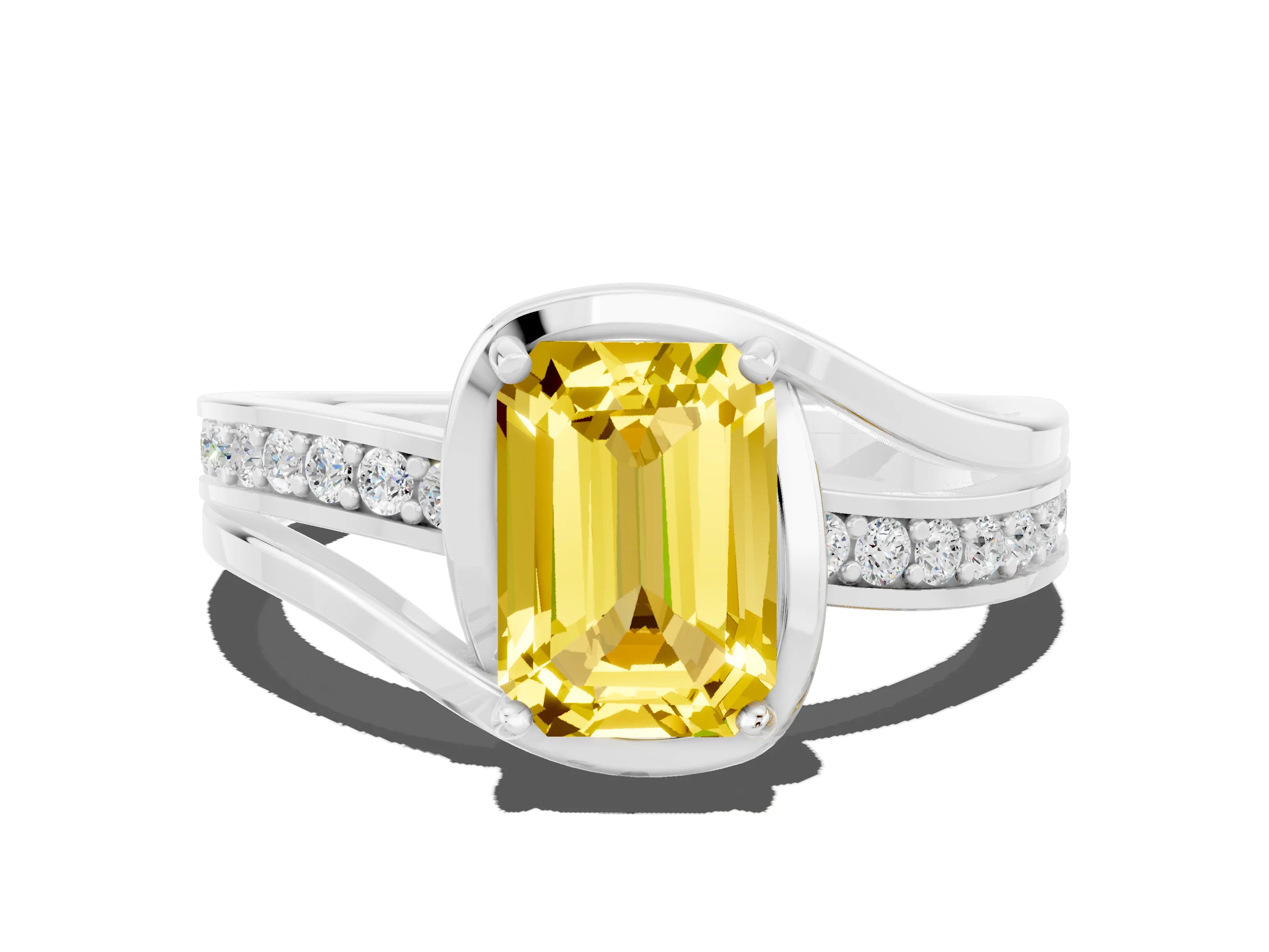 White gold Emerald Cut Yellow Sapphire Solitaire Ring with Split Shank and Prong Setting