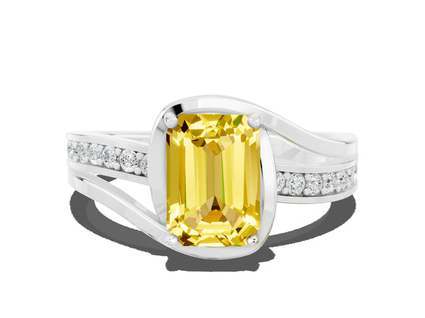 Platinum Emerald Cut Yellow Sapphire Solitaire Ring with Split Shank and Prong Setting