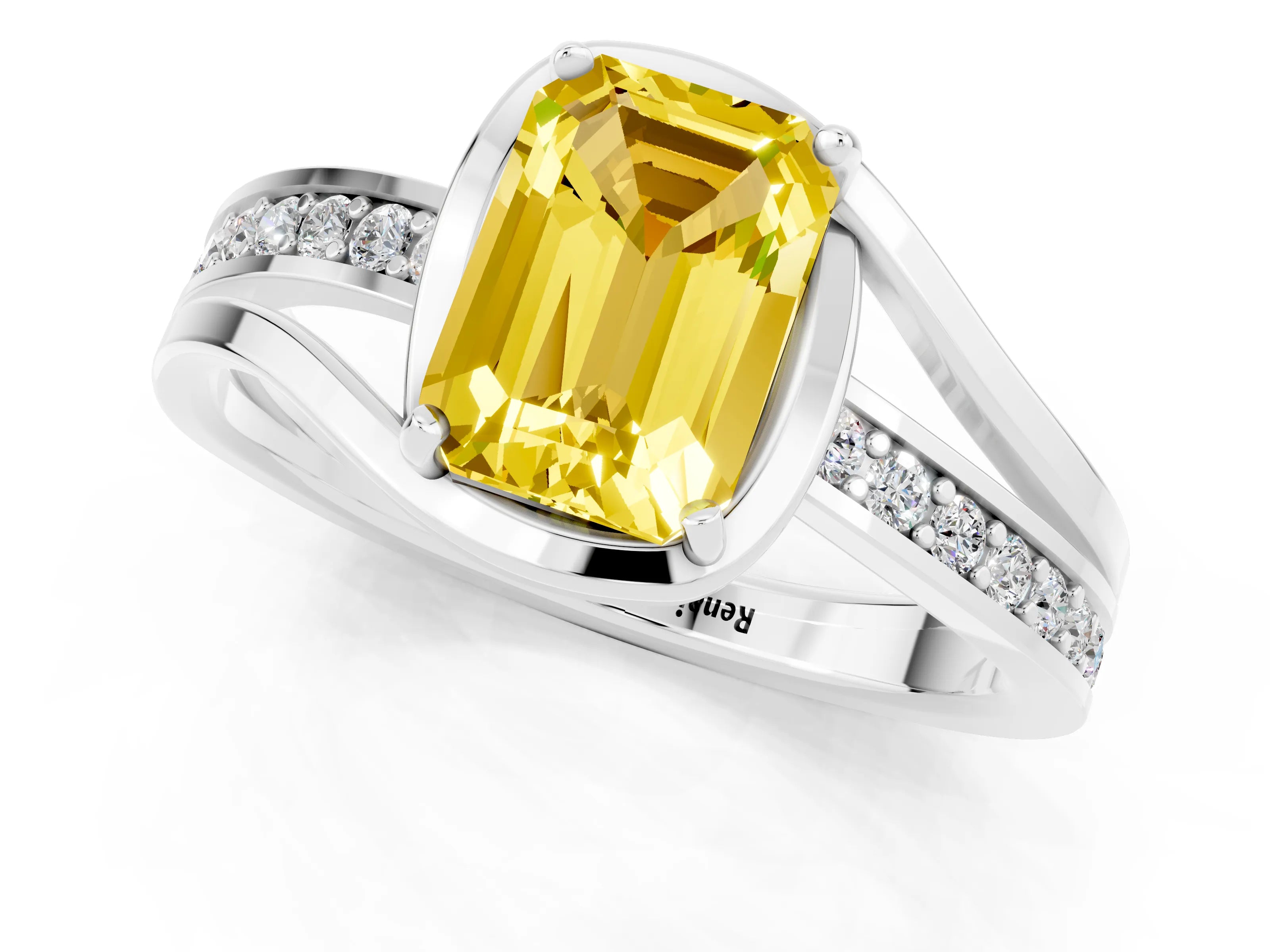 White gold Emerald Cut Yellow Sapphire Solitaire Ring with Split Shank and Prong Setting_1