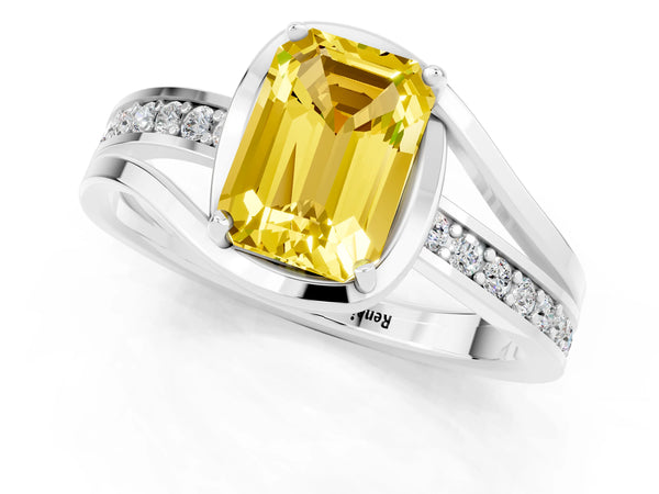 White gold Emerald Cut Yellow Sapphire Solitaire Ring with Split Shank and Prong Setting