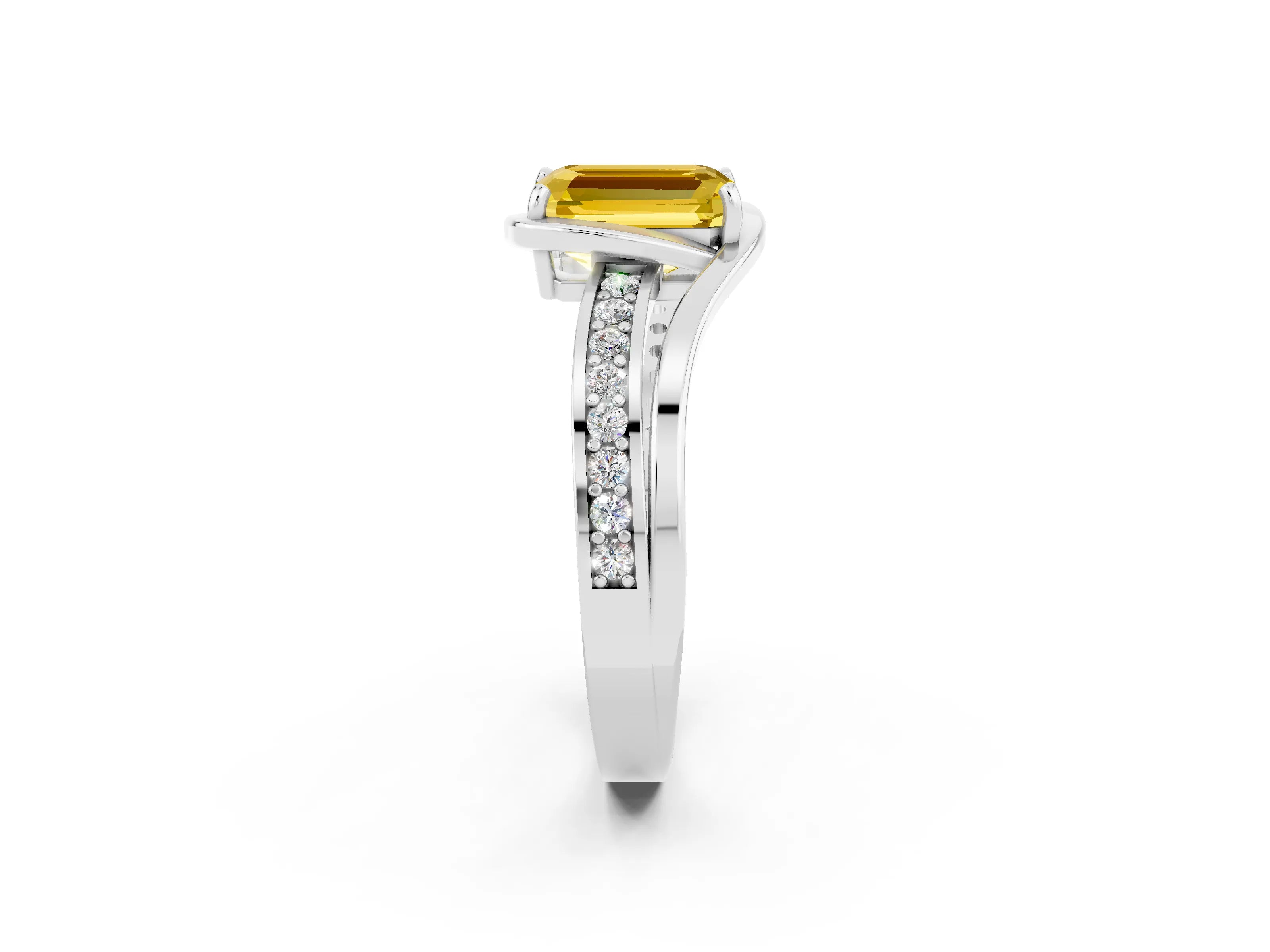 White gold Emerald Cut Yellow Sapphire Solitaire Ring with Split Shank and Prong Setting_2