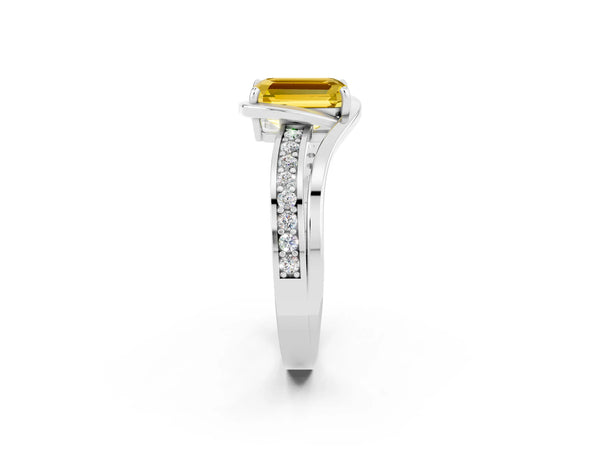 Platinum Emerald Cut Yellow Sapphire Solitaire Ring with Split Shank and Prong Setting