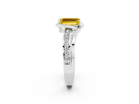 White gold Emerald Cut Yellow Sapphire Solitaire Ring with Split Shank and Prong Setting_2