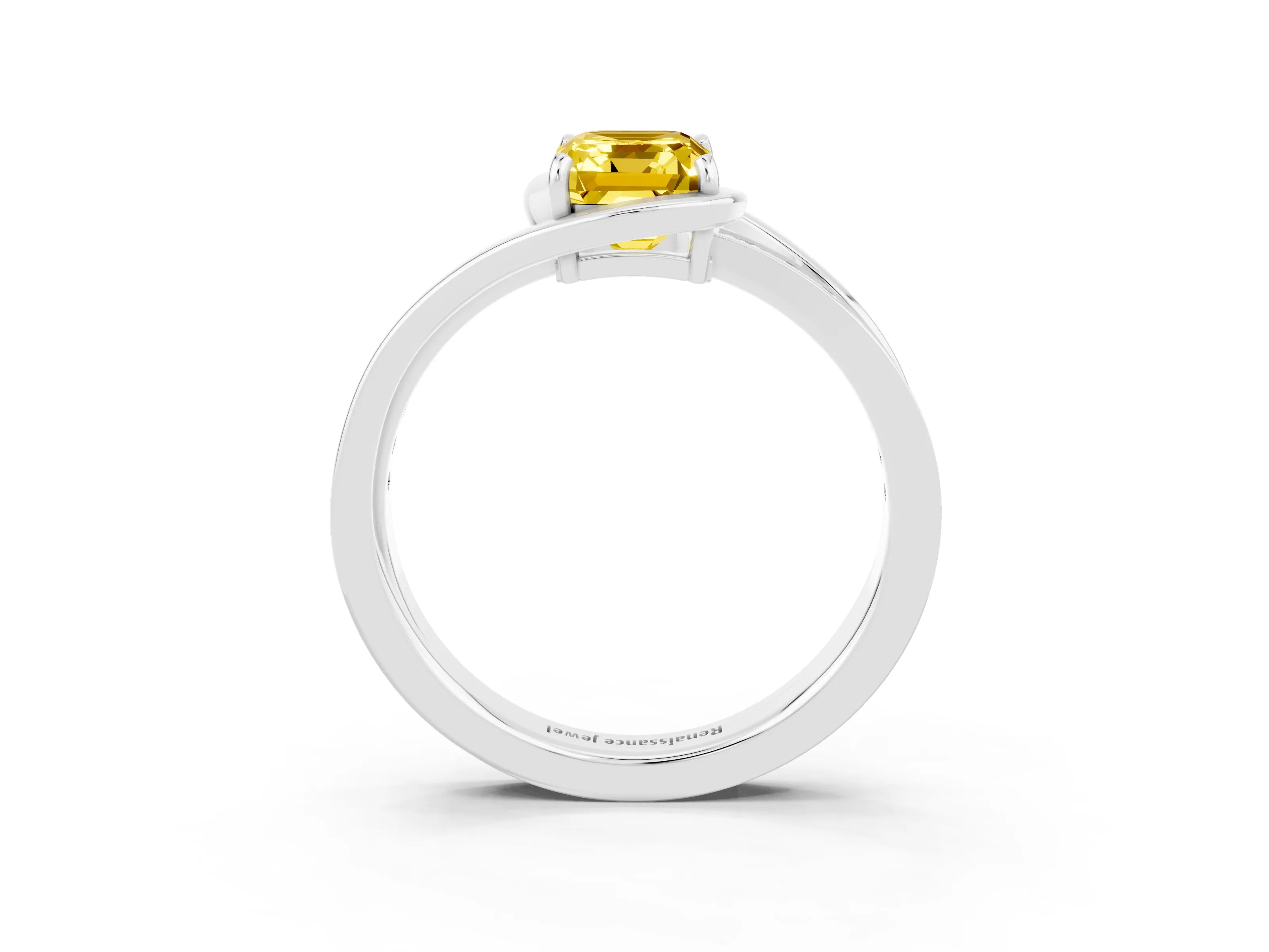 White gold Emerald Cut Yellow Sapphire Solitaire Ring with Split Shank and Prong Setting_3