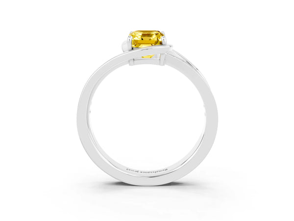 White gold Emerald Cut Yellow Sapphire Solitaire Ring with Split Shank and Prong Setting