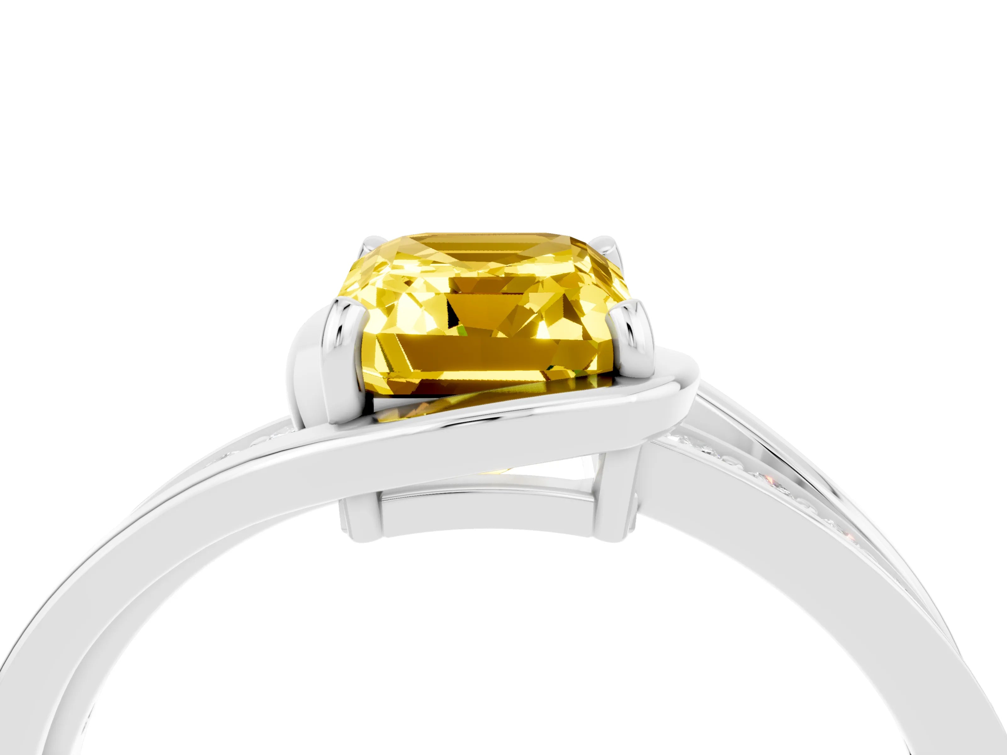 White gold Emerald Cut Yellow Sapphire Solitaire Ring with Split Shank and Prong Setting_4