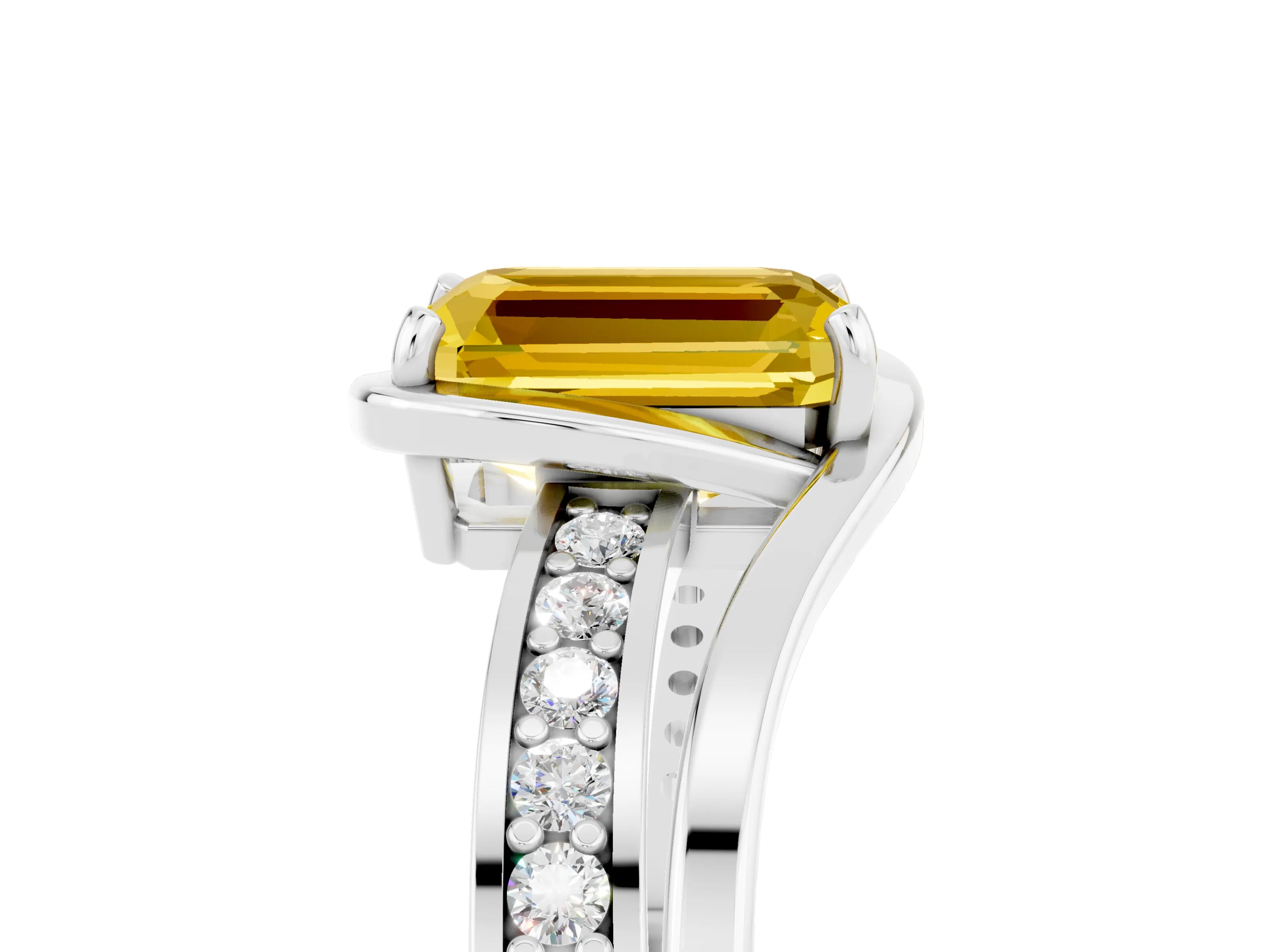 White gold Emerald Cut Yellow Sapphire Solitaire Ring with Split Shank and Prong Setting_5