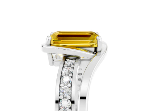 White gold Emerald Cut Yellow Sapphire Solitaire Ring with Split Shank and Prong Setting_5