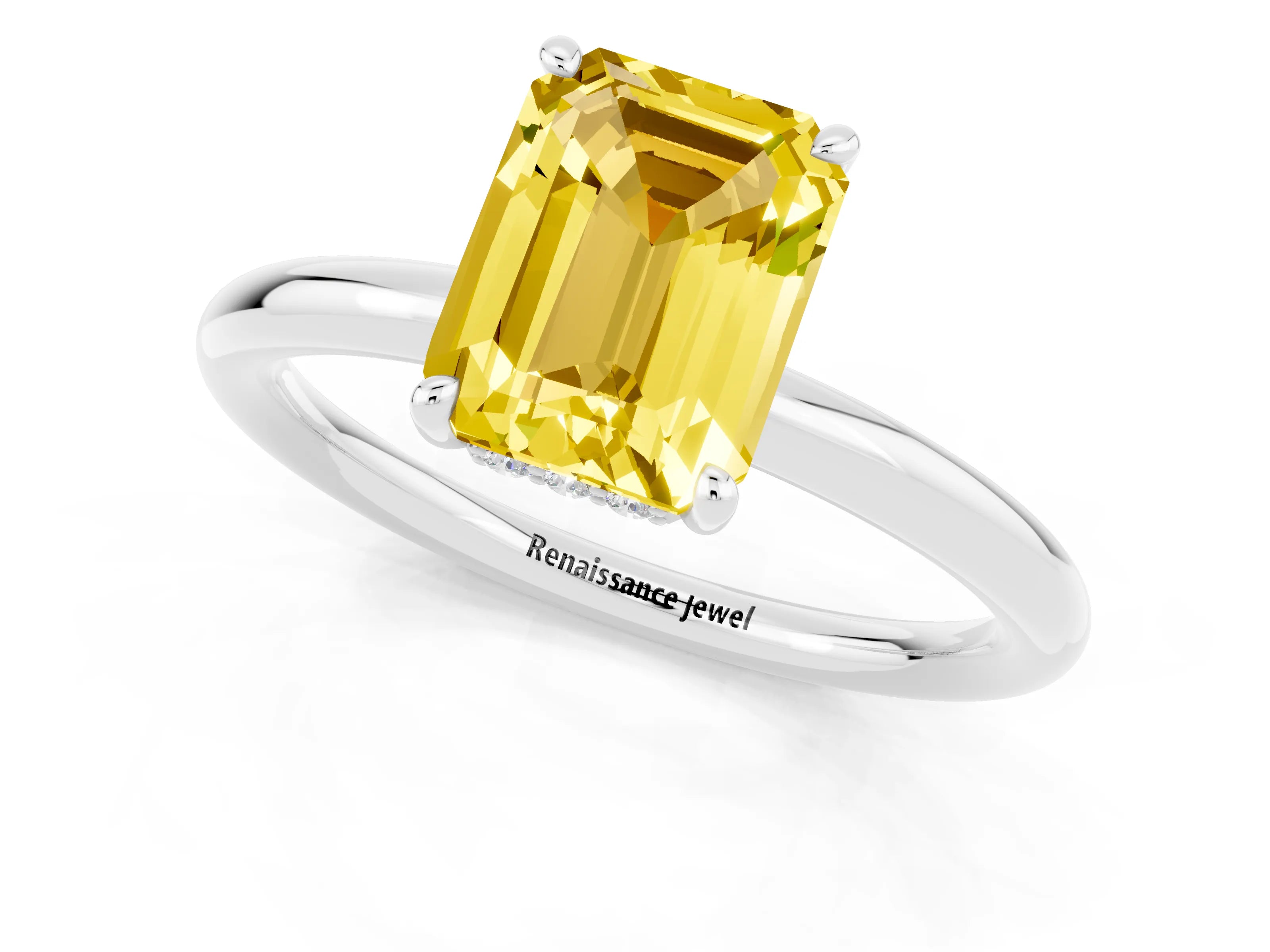 White gold Emerald Cut Yellow Sapphire Solitaire Ring with Thin Band and Four-Prong Setting_37