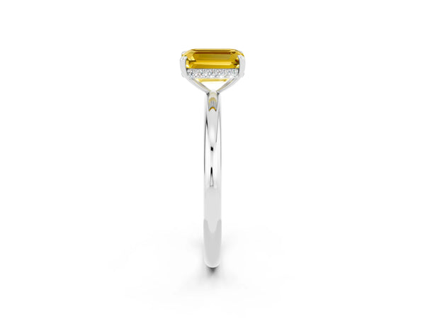 Silver Emerald Cut Yellow Sapphire Solitaire Ring with Thin Band and Four-Prong Setting