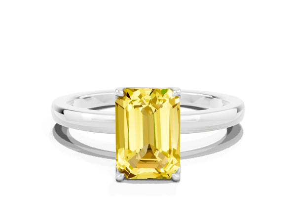 White gold Emerald Cut Yellow Sapphire Solitaire Ring with Thin Band and Prong Setting