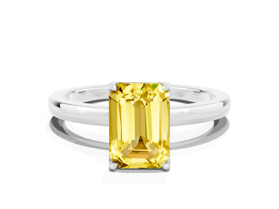 White gold Emerald Cut Yellow Sapphire Solitaire Ring with Thin Band and Prong Setting_12