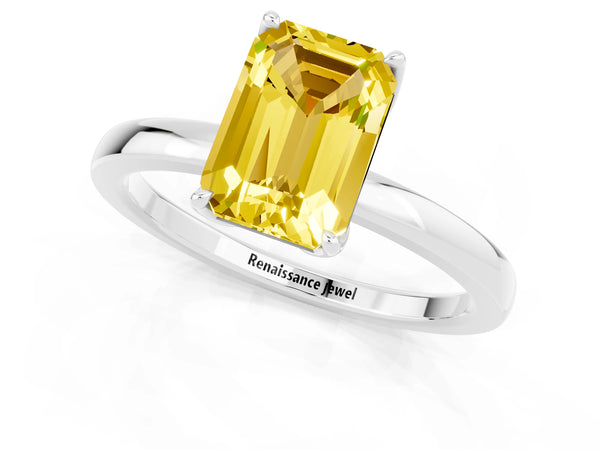 Platinum Emerald Cut Yellow Sapphire Solitaire Ring with Thin Band and Prong Setting