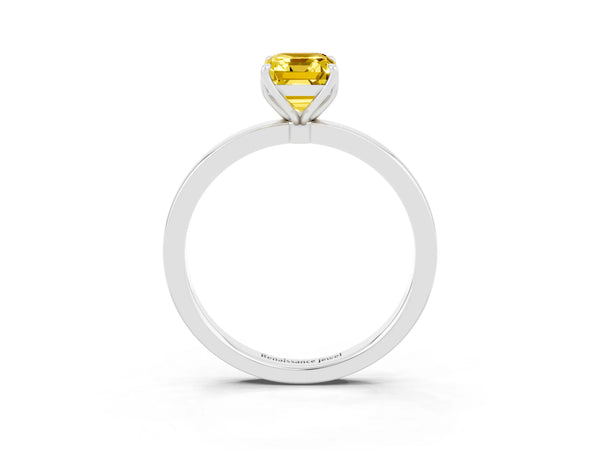 Platinum Emerald Cut Yellow Sapphire Solitaire Ring with Thin Band and Prong Setting