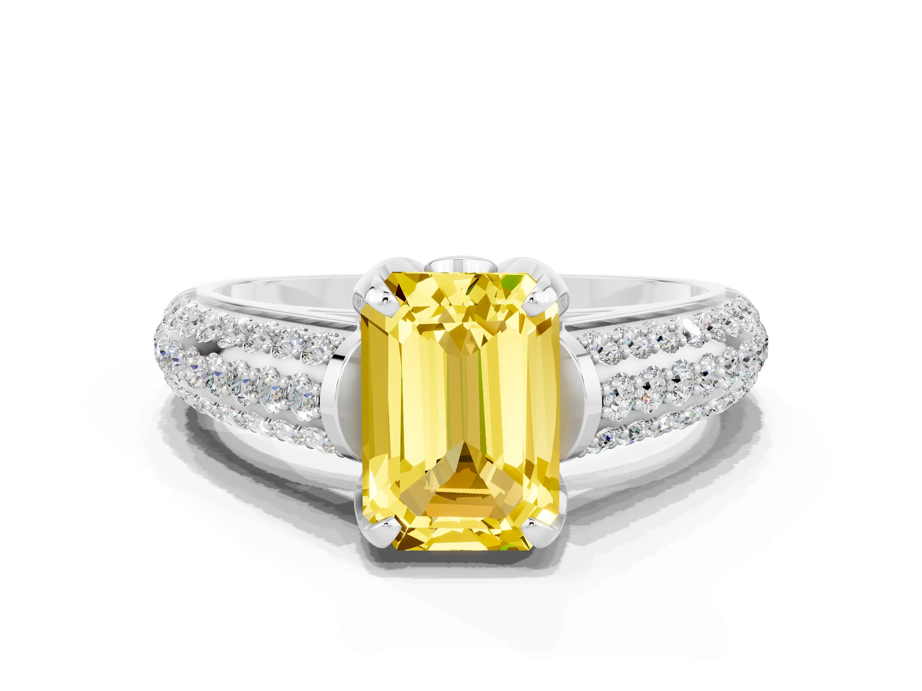 White gold Emerald Cut Yellow Sapphire Solitaire Ring with Three-Row Pavé Band and Four-Prong Setting_12