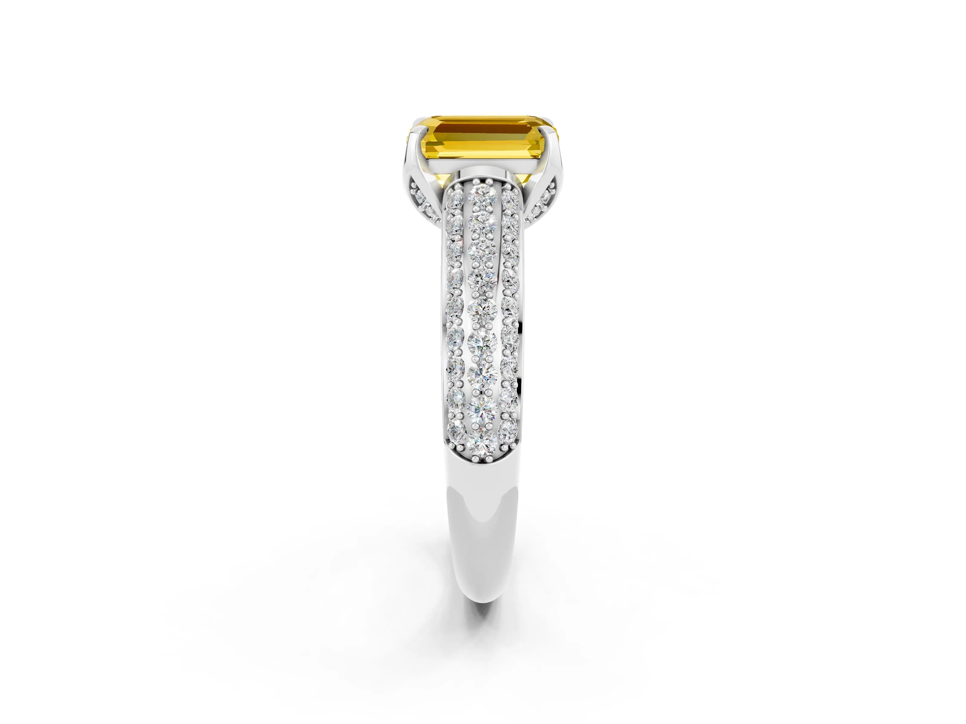 White gold Emerald Cut Yellow Sapphire Solitaire Ring with Three-Row Pavé Band and Four-Prong Setting_14