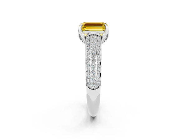 White gold Emerald Cut Yellow Sapphire Solitaire Ring with Three-Row Pavé Band and Four-Prong Setting