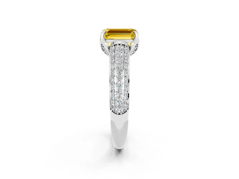 White gold Emerald Cut Yellow Sapphire Solitaire Ring with Three-Row Pavé Band and Four-Prong Setting_14