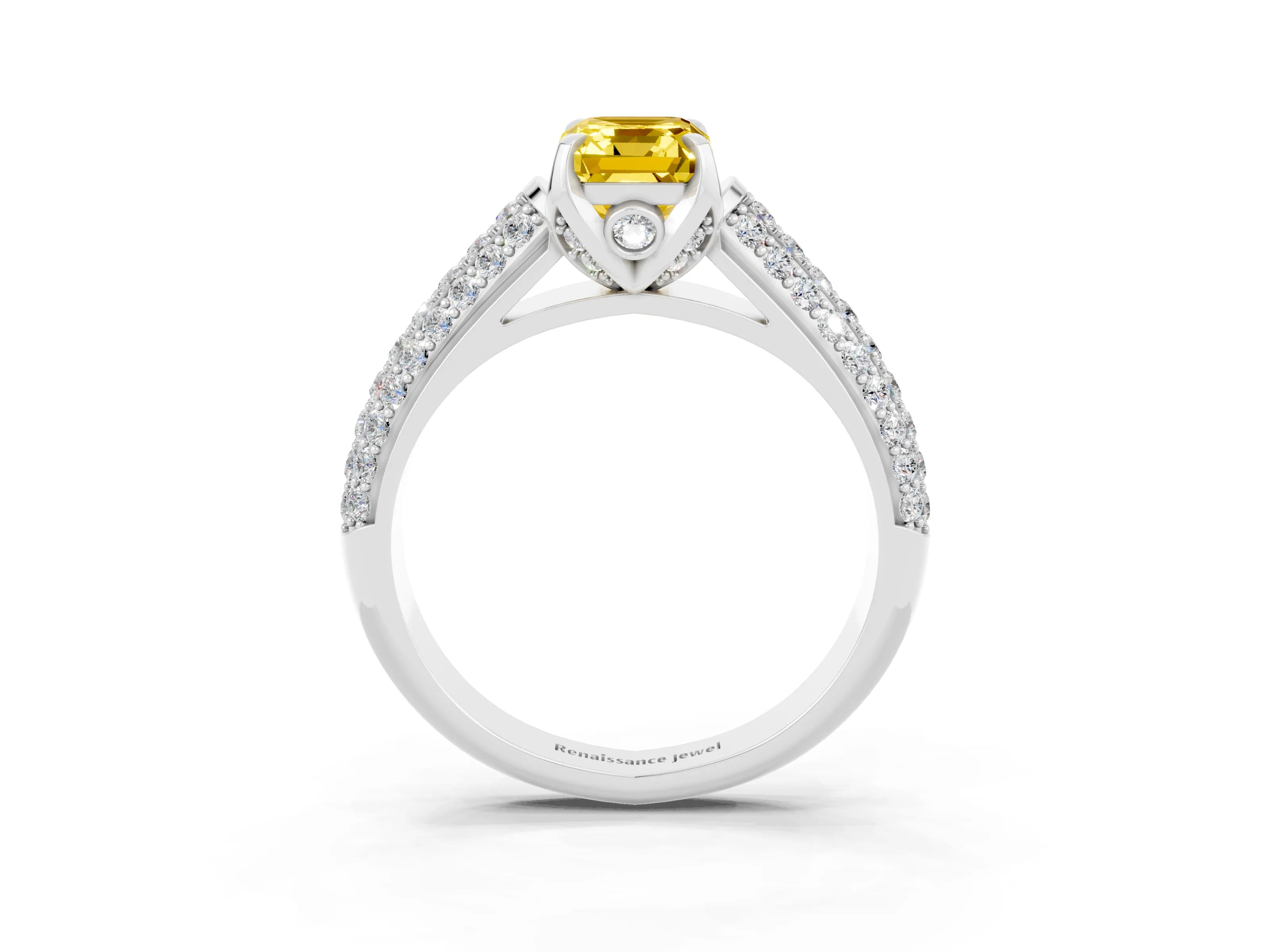 White gold Emerald Cut Yellow Sapphire Solitaire Ring with Three-Row Pavé Band and Four-Prong Setting_15