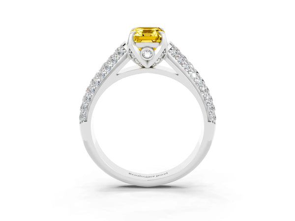 Silver Emerald Cut Yellow Sapphire Solitaire Ring with Three-Row Pavé Band and Four-Prong Setting