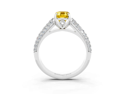 White gold Emerald Cut Yellow Sapphire Solitaire Ring with Three-Row Pavé Band and Four-Prong Setting_15