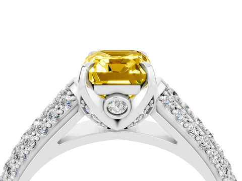 White gold Emerald Cut Yellow Sapphire Solitaire Ring with Three-Row Pavé Band and Four-Prong Setting_16