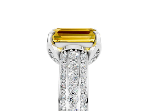 White gold Emerald Cut Yellow Sapphire Solitaire Ring with Three-Row Pavé Band and Four-Prong Setting_17