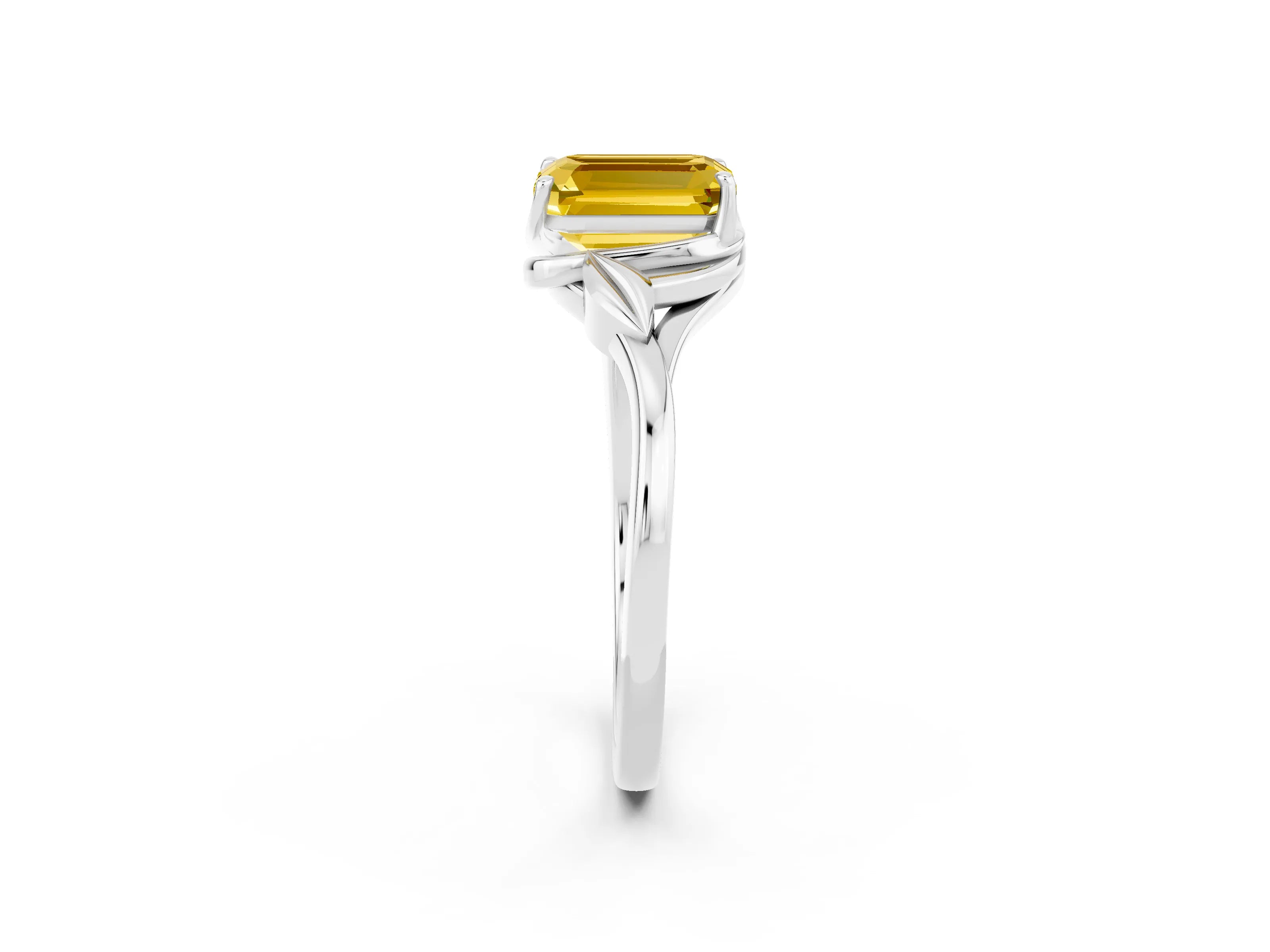 White gold Emerald Cut Yellow Sapphire Solitaire Ring with Twist Band and Four-Prong Setting_14
