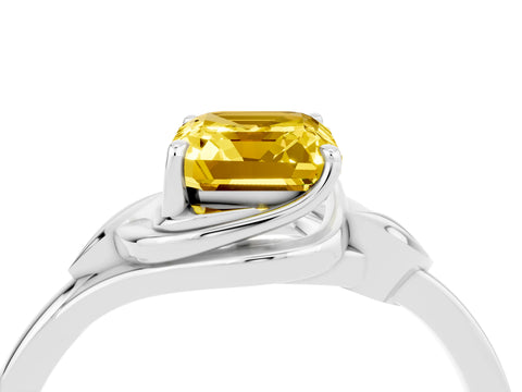 White gold Emerald Cut Yellow Sapphire Solitaire Ring with Twist Band and Four-Prong Setting_16