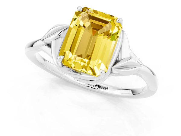 White gold Emerald Cut Yellow Sapphire Solitaire Ring with Twist Band and Four-Prong Setting