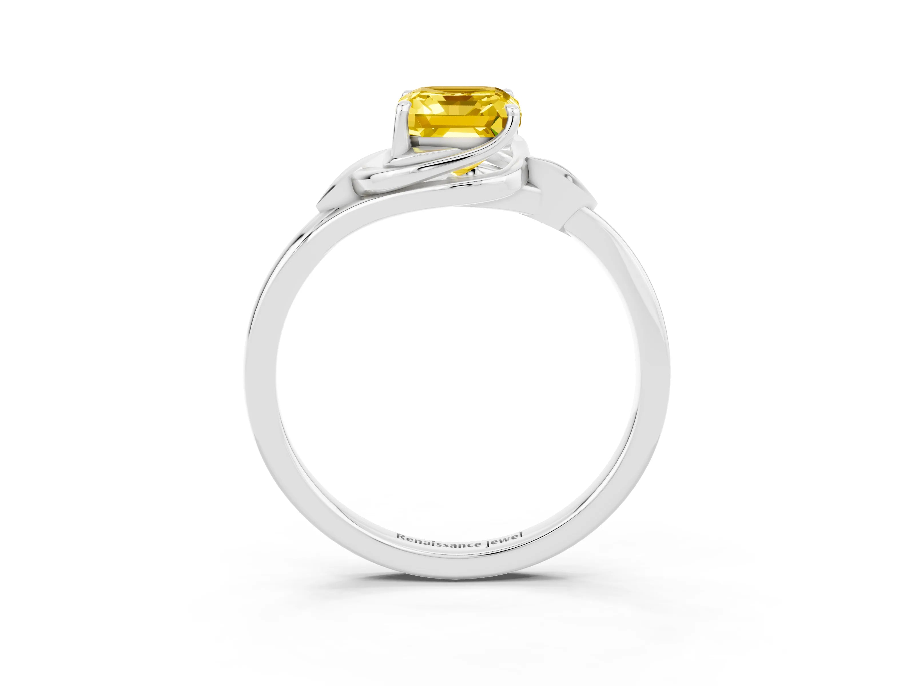 White gold Emerald Cut Yellow Sapphire Solitaire Ring with Twist Band and Four-Prong Setting_39